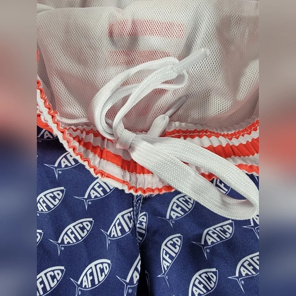 AFTCO Swim Trunks Mens Large Blue Red White USA Flag Print Bathing Suit Shorts